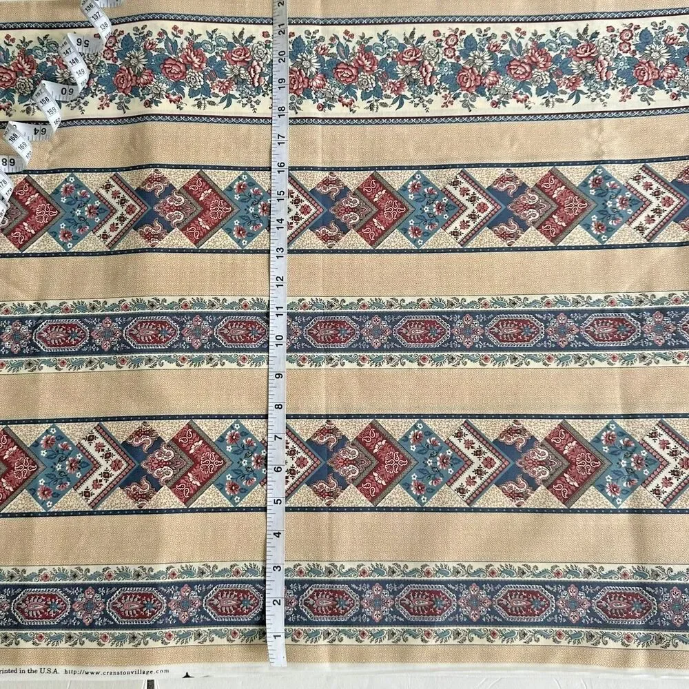 Vintage Cranston Tan Blue Maroon Cheater Quilt Stripe Cotton Fabric 2yd  x 45
